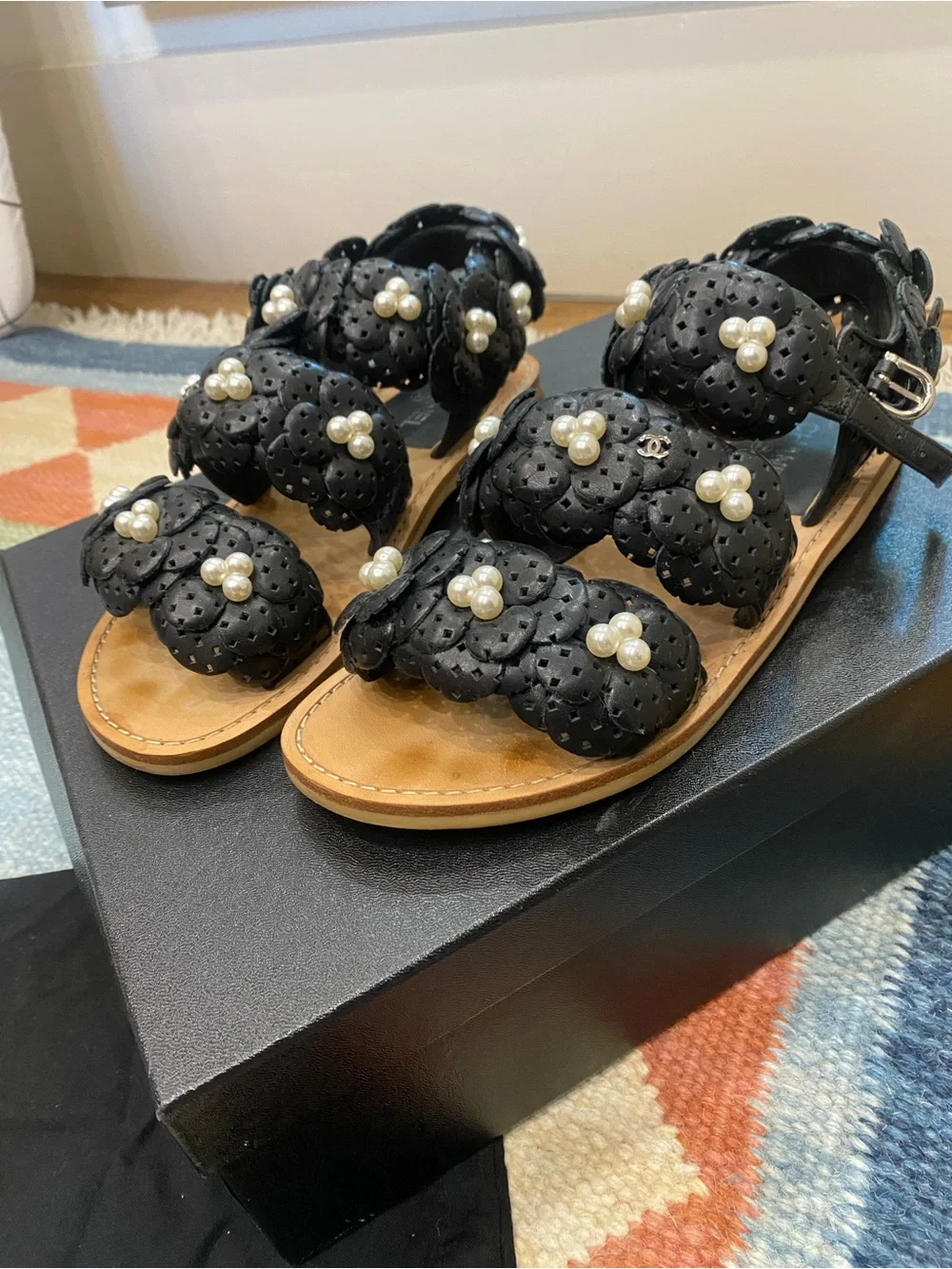 CHANEL G30545 Black Leather Pearl Camellia Sandals Size 37.5 / US 7.5 w/ Box